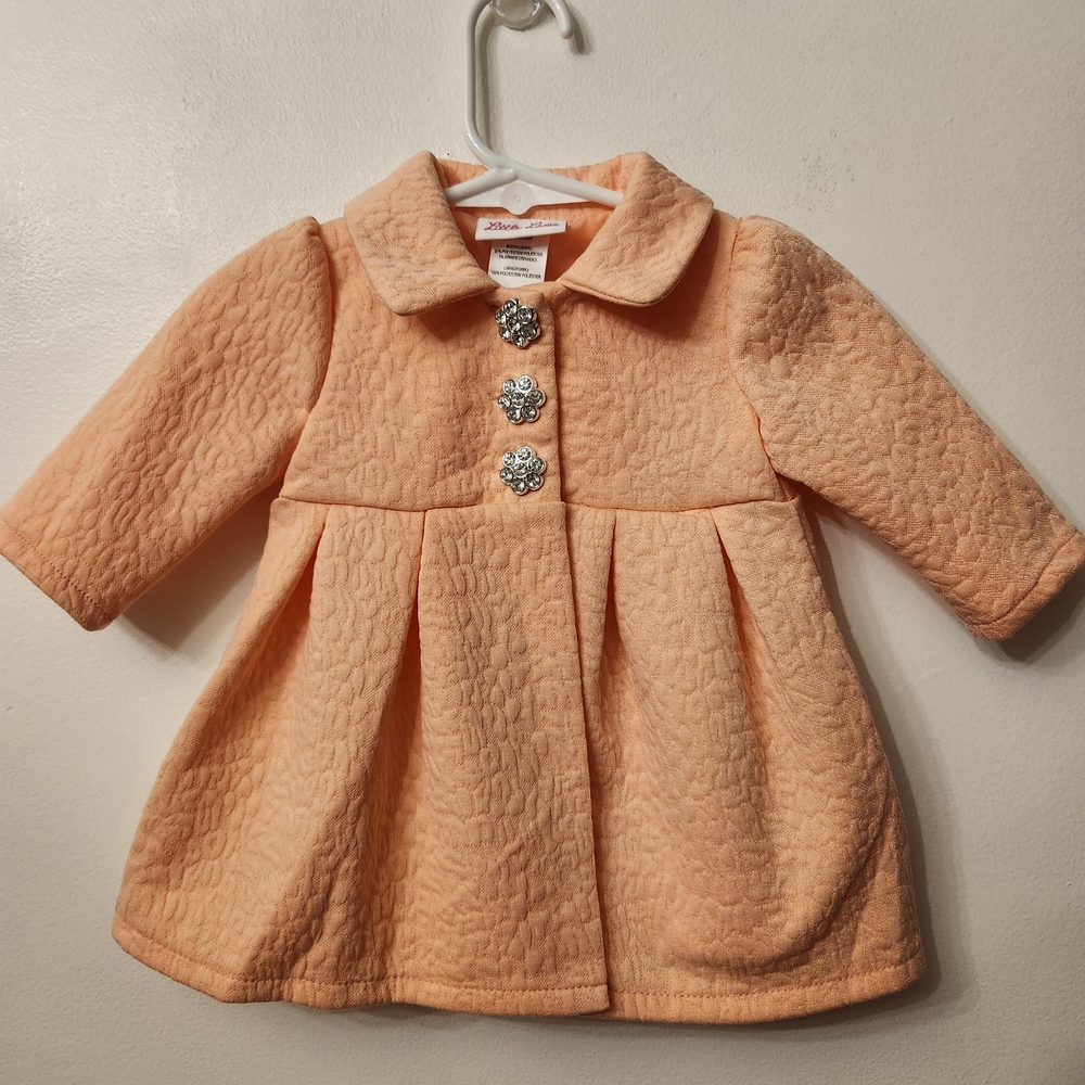 Baby Girl Peach Quilted Pea Coat with Floral Buttons